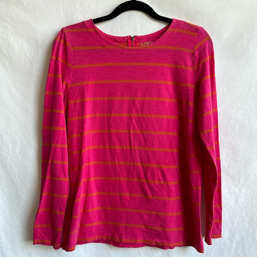 Ann Taylor LOFT pink with orange stripes long sleeve cotton top, size L